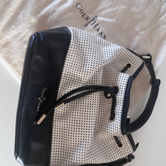 Cole Haan White Black Leather Perforated Bucket Bag - Picture 3 of 3